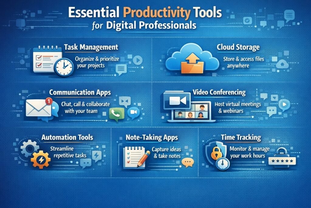 Dashboard interface showing productivity apps for digital professionals managing tasks and workflow