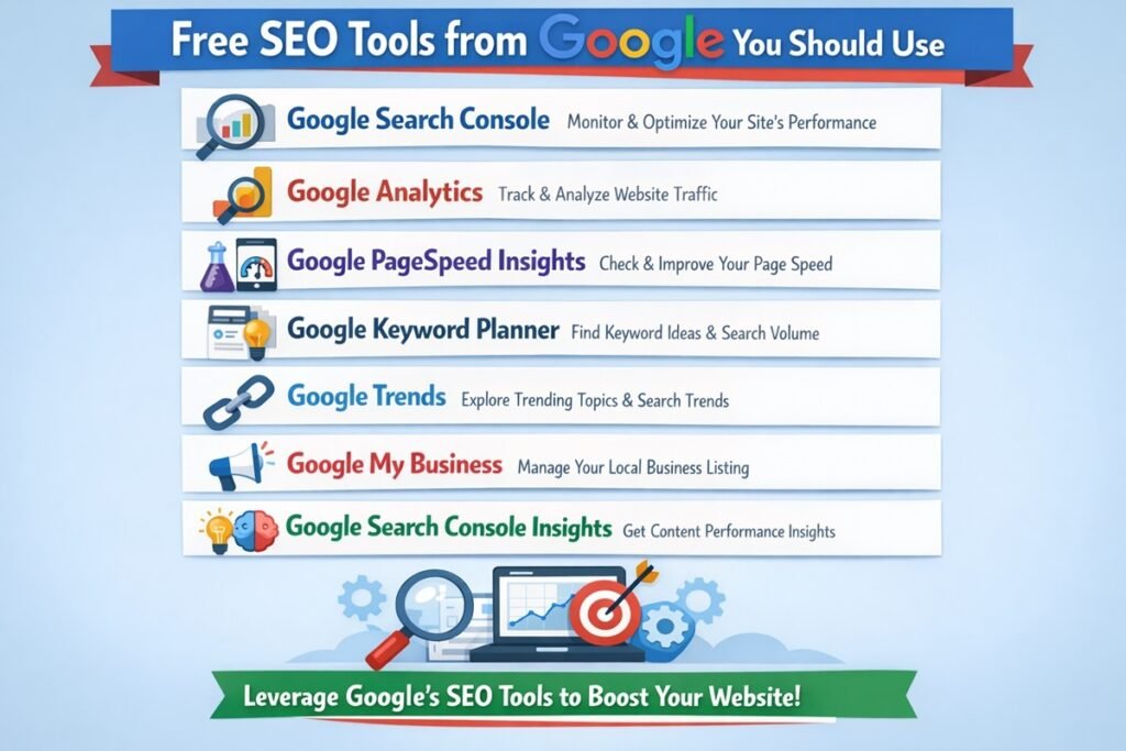 Collection of free Google SEO tools like Search Console and Analytics for website optimization
