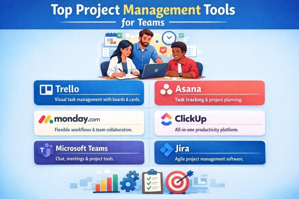 Top project management tools for teams including Asana, Trello, Jira, ClickUp and Monday.com dashboard interfaces