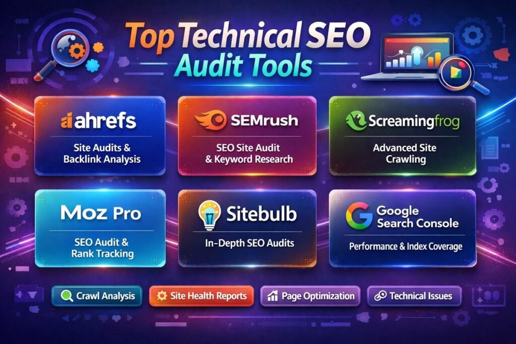 Top Technical SEO Audit Tools dashboard showing website crawl analysis, Core Web Vitals metrics, and SEO site audit reports