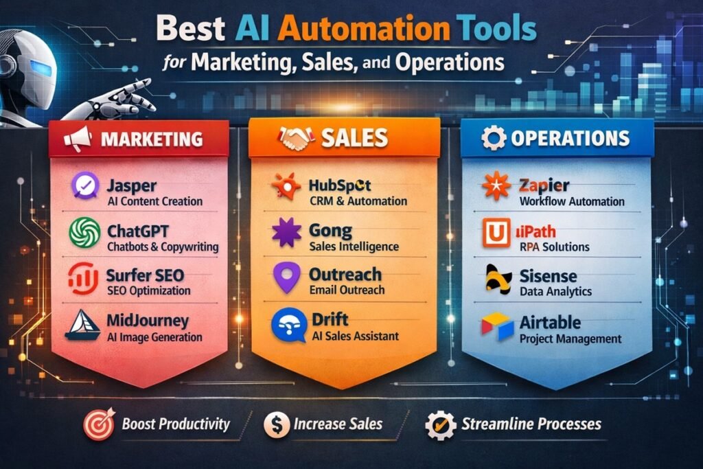Dashboard of AI automation tools for marketing, sales, and operations